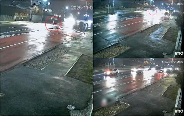 Momentul când un pieton este lovit în plin de un autoturism. A zburat zeci de metri şi a rămas pe caldarâm