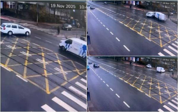 Momentul când o şoferiţă din Iaşi intră într-o dubă a unei firme de curierat şi este aruncată pe trotuar