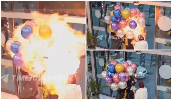 Momentul în care o femeie îi arde accidental fața prietenei, după ce artificiile aprind baloanele cu hidrogen