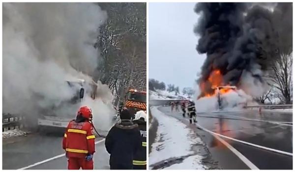 Autocar cu 47 de pasageri, cuprins de flăcări în Soromiclea, Mureş. Au intervenit pompierii cu 2 autospeciale