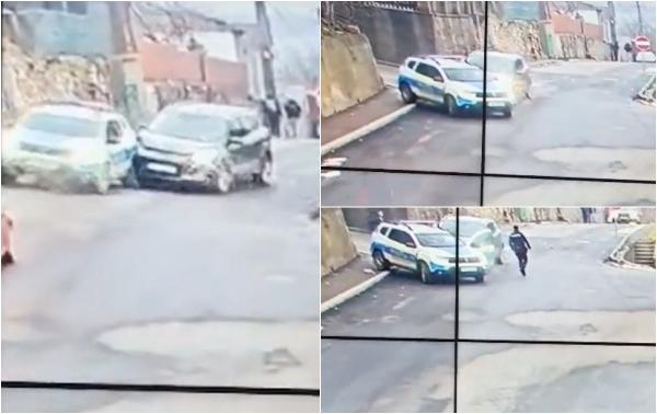 Momentul când o maşină de poliţie din Constanţa este lovită în plin de un autoturism