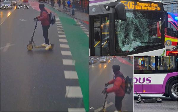 Momentul când un adolescent de 17 ani din Cluj este lovit de autobuz. Era pe trotinetă și avea căști