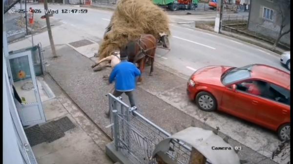 Momentul în care o căruță încărcată cu fân este lovită de o maşină într-o intersecție din Bistrița-Năsăud