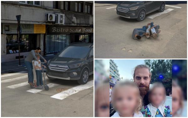 ANIMAŢIE. Ilan Laufer, lovit de o maşină, după ce a traversat pe trotinetă împreună cu cei doi copii