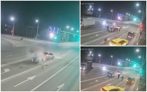 Cursă nebună spre moarte cu 200 km/h. Momentul când un motocislist intră violent într-o maşină în Lugansk