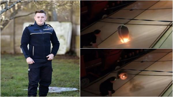 Momentul în care un pompier aflat în timpul liber stinge un lampion căzut în flăcări pe un cort de nuntă