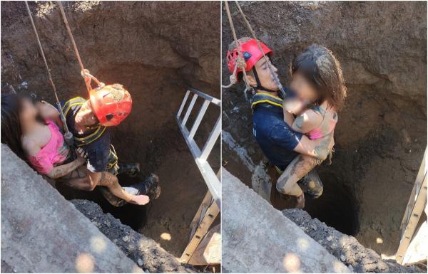 Momentul în care fetiţa de 8 ani din Vrancea este scoasă din fântână de pompieri
