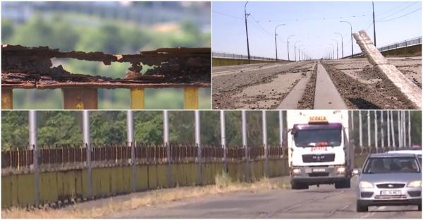 Pod din Galați, pericol pentru șoferi: gropi adânci, șine rupte și balustrade degradate