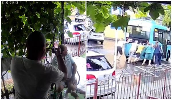 Femeile împing autobuzul în timp ce bărbaţii râd şi filmează de la umbra unei terase. Imagini virale în Galaţi