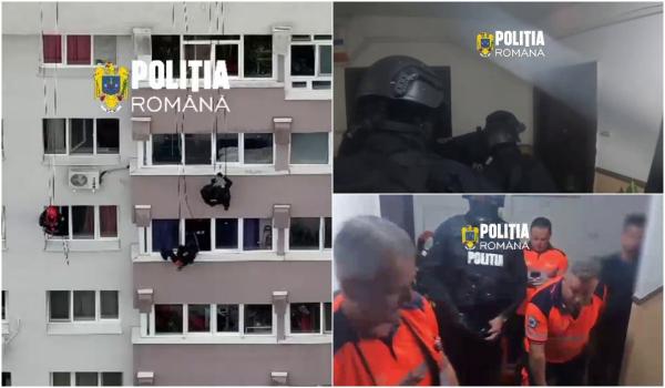 Momentul în care alpiniștii și mascaţii pătrund într-un apartament din Sectorul 6 pentru a salva o femeie