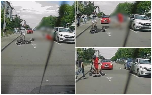 Momentul când un tânăr cade de pe trotinetă şi ajunge cu picioarele sub roţile unei maşini în Craiova