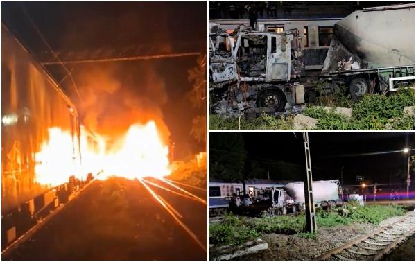 "Lăsaţi totul şi ieşiţi!" Tren cu aproape 200 de pasageri, accident cu o cisternă în Bacău. Cabina a luat foc