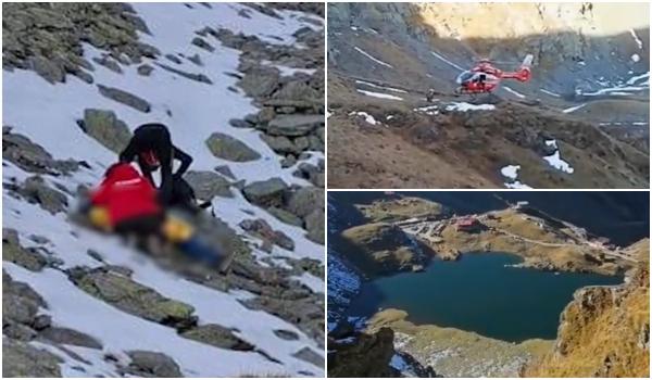 Filmul tragediei din Iezerul Caprei. Turistul de 66 de ani a alunecat şi a căzut 200m în gol sub ochii fiicei