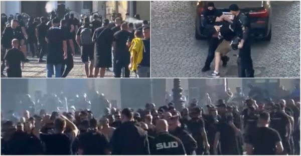 Lupte de stradă la Sibiu între suporterii Stelei și cei ai Poli Timișoara. Momentul în care jandarmii intervin