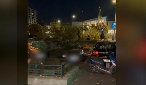 Momentul în care un copac se prăbuşeşte peste maşini pe Iuliu Maniu, în Capitală. Un livrator a fost rănit