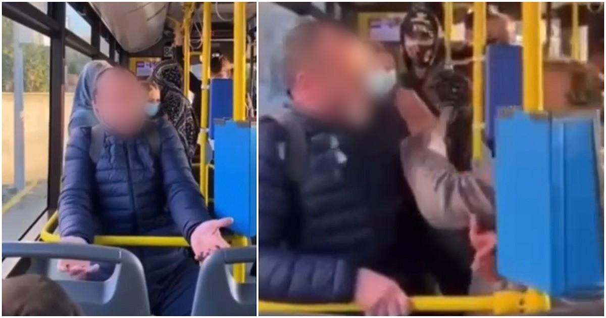 Clujean filmat vociferând fără mască în autobuz, luat la palme de o femeie: "Te rog frumos, încetează odată! Taci din gură!"