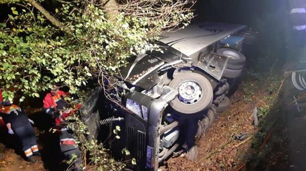 Şoferul a fost găsit mort, în cabina strivită de copac