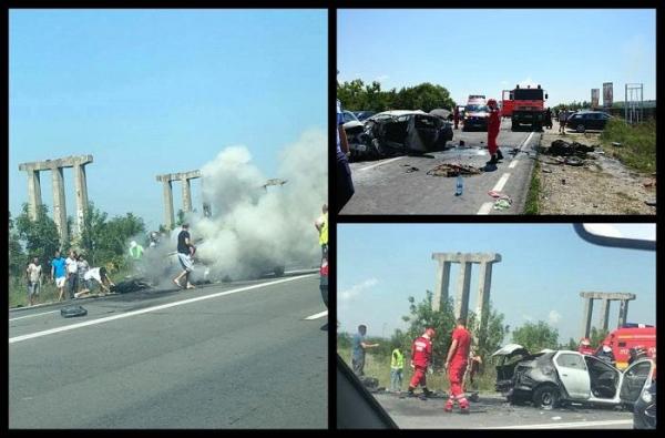 Flăcări pe şosea la Işalniţa, în Dolj, unde un motociclist a murit după o ciocnire violentă cu un autoturism