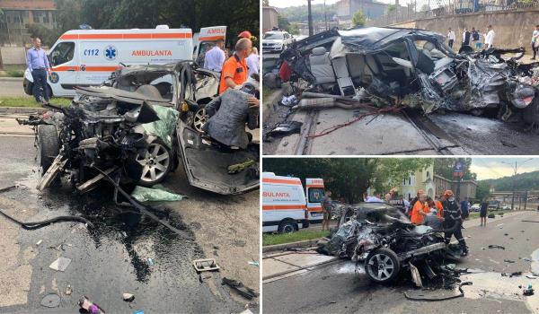 Imagini filmate imediat după accidentul din Resiţa unde un BMW s-a rupt în două