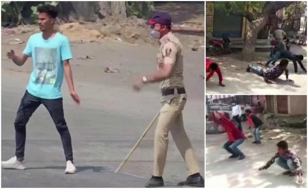 Un polițist din India pedepsește în stradă un localnic