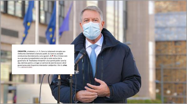 Definiţia cuvântului "crizator" pe o fotografie cu Klaus Iohannis la Bruxelles