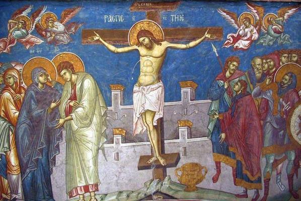Scenă biblică cu Iisus răstignit pe cruce