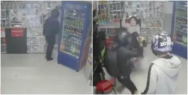 O adolescentă a fost surprinsă de camerele de supraveghere ale unui magazin mânuind o macetă în faţa unui tâlhar înarmat care o amenința pe mama ei