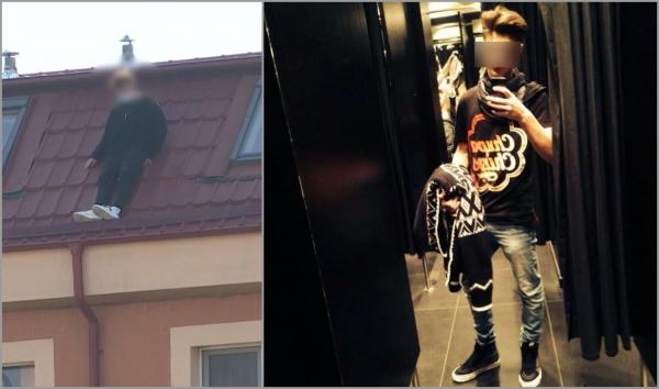 Alexandru în momentul în care ameninţa că se aruncă de pe o clădire din Bucureşti, colaj cu un selfie dintr-o cabină de probă