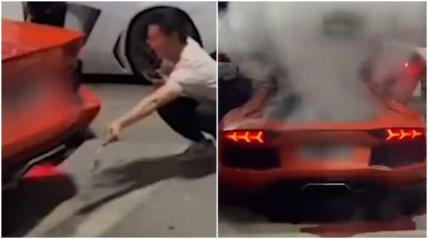 Momentul în care mai mulţi tineri încearcă să gătească o bucată de carne la ţeava de eşapament a unui Lamborghini, în China