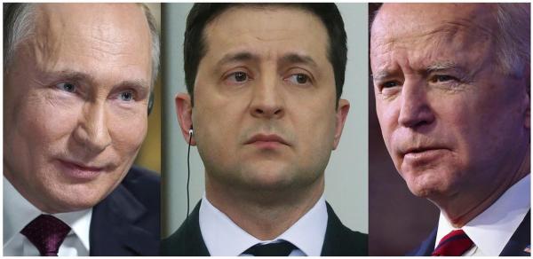 Vladimir Putin (stânga), Volodimir Zelenski (centru), Joe Biden (dreapta)