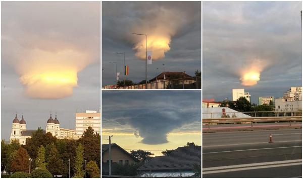 colaj cu patru fotografii care arată norul cumulus format la Iași