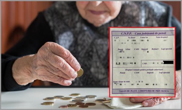 Colaj cu o bătrână care îşi numără economiile şi un talon mov de pensie