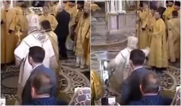 Patriarhul Kiril a alunecat pe podeaua de marmură și a căzut în timp ce sfințea o biserică