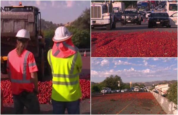 Carambol din cauza tomatelor. Peste 150.000 de roşii au fost împrăştiate pe o autostradă intens circulată din SUA