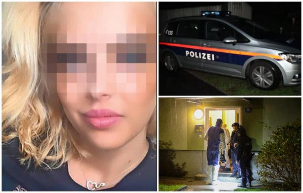 colaj cu trei fotografii în care apar românca, o mașină a poliției austriece și anchetatorii care intră într-o scară de bloc