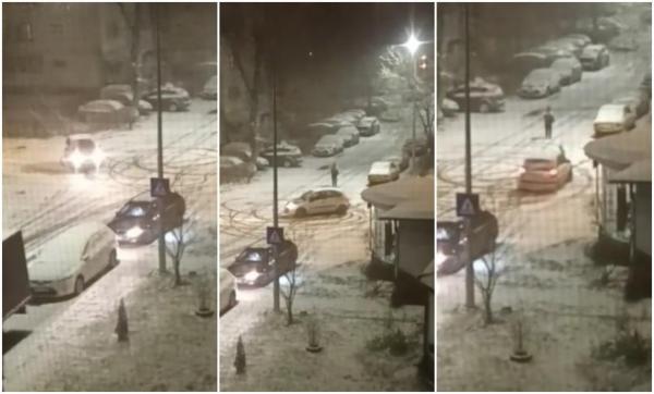 "Dă-le notă!" Drifturi pe zăpadă, într-o intersecţie din Baia Mare. Șoferul și-a testat frânele și direcția mașinii