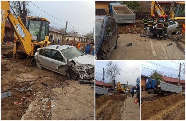 Accident între un camion, un buldoexcavator și două autoturisme, în Botoşani. O femeie a rămas fără gard şi o parte din peretele casei, în urma impactului