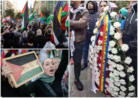 Marş de solidaritate cu Palestina la Bucureşti. Oamenii au adus coroane de flori în memoria victimelor ucise în război