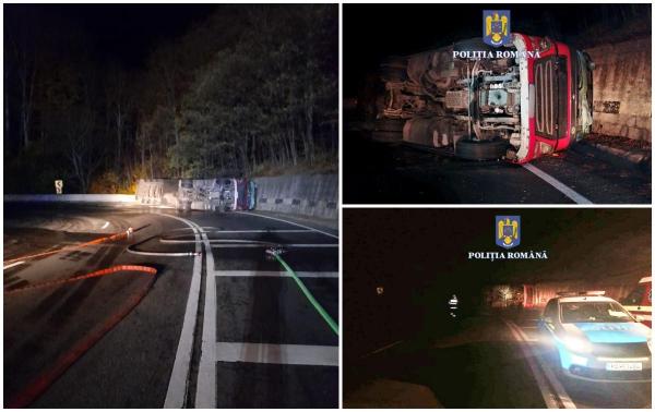 O cisternă încărcată cu combustibil termic s-a răsturnat pe DN 13, în Brașov. Traficul a fost oprit pentru curățarea locului