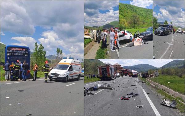O persoană a murit, după ce un autocar, 3 autoturisme și o autoplatformă s-au ciocnit, în Caraş-Severin. Bucăţi din maşini împrăştiate zeci de metri