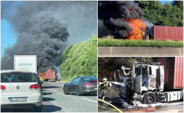 Un TIR românesc a luat foc în mers, pe o autostradă din Germania. Flăcările de un metru au ars complet cabina șoferului