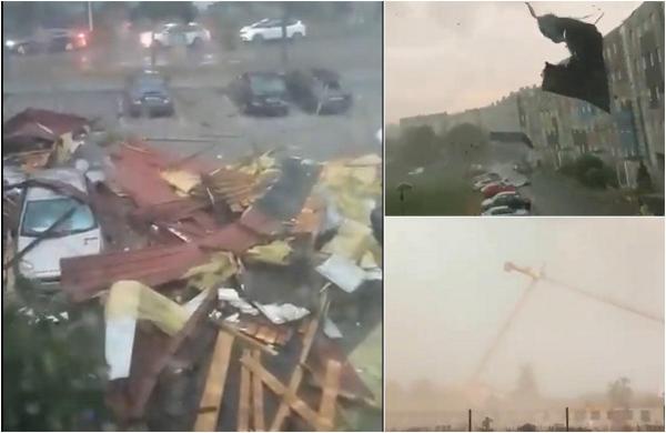 Trei morţi în urma furtunilor devastatoare din Slovenia, Croaţia şi Serbia. Momentul când o macara este doborâtă de vântul puternic.