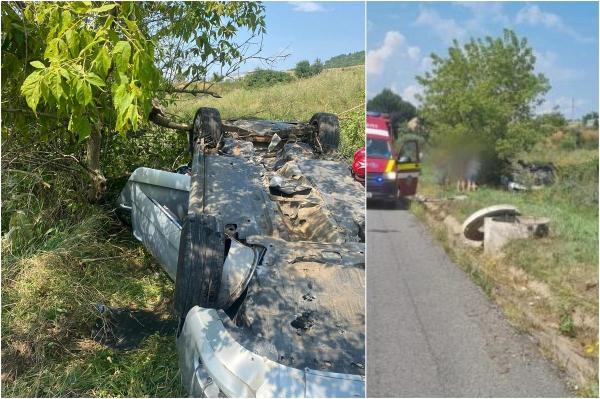 O maşină condusă de un cetăţean străin s-a răsturnat într-o curbă periculoasă în Cluj. Un copil de 3 ani şi doi adulţi, răniţi în urma impactului