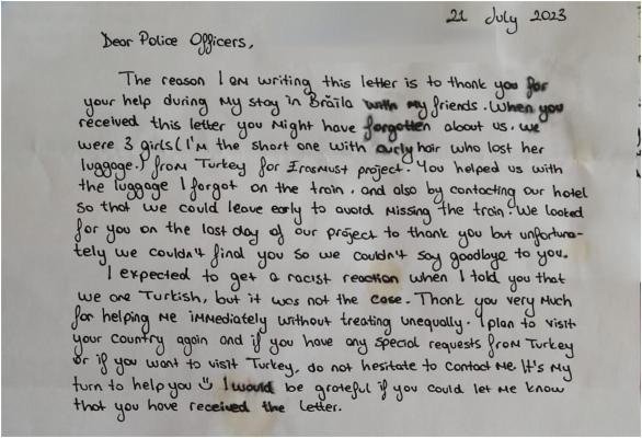 Scrisoare de mulţumire trimisă unui poliţist din Brăilă, după ce a recuperat bagajul unei străine uitat într-un tren : „E rândul meu să te ajut”