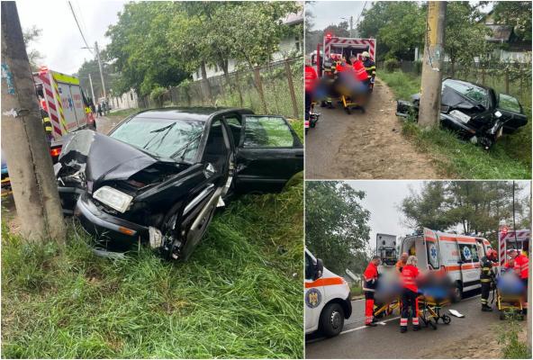Două persoane scoase inconştiente dintre fiarele maşinii, după ce s-au izbit de un stâlp de pe marginea drumului. Accident teribil în Suceava