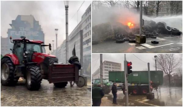 Haosul continuă la Bruxelles. Fermierii furioşi au luat cu asalt centrul oraşului şi au incendiat anvelope. Poliţiştii au intervenit cu tunuri de apă