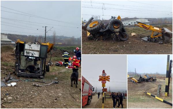 Buldoexcavator rupt în bucăţi, după ce a fost spulberat de tren la Căiuţi, în Bacău. Şoferul utilajului a murit
