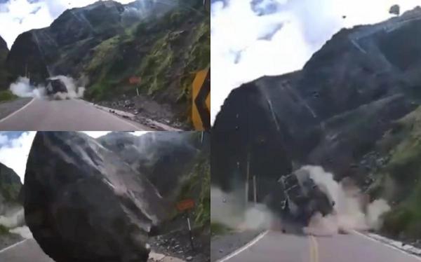 Momentul înfricoșător în care un camion este aruncat de pe șosea ca popicele de un bolovan uriaș, în Peru. Șoferul a supraviețuit miraculos