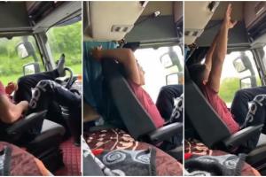 Şofer român de TIR cu picioarele pe volan, live pe Facebook, pe o autostradă din Italia