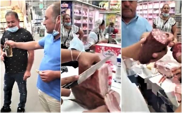 Chef de pomină într-un supermarket din București, cu mâncare și băutură de pe rafturi (Video)
